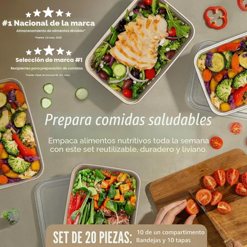 Vista 2 de Bentgo Prep - 20 piezas de contenedores reutilizables para preparación de comidas con 1 compartimento y tapas, materiales libres de PFAS y BPA