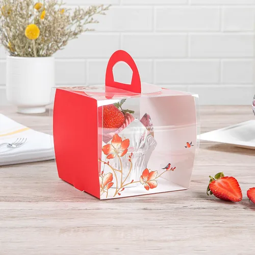 Vista 3 de Restaurantware - Cajas individuales para cupcakes de 4 x 4.25 pulgadas, 100 cajas de exhibición desechables para cupcakes - Con asa, acento de Rojo