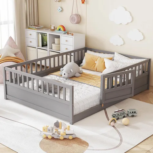 Vista 14 de Cama Montessori de tamaño matrimonial con estantería, luces, listones y Luces grises
