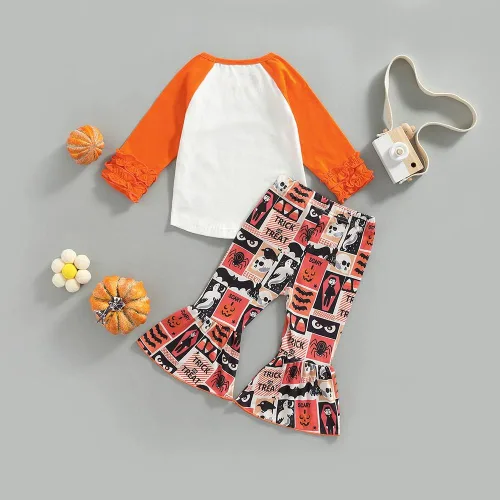 Vista 6 de Douhoow Traje de Acción de Gracias de Feliz Halloween para bebé, niña, camiseta de calabaza, camiseta acampanada, pantalones de leopardo