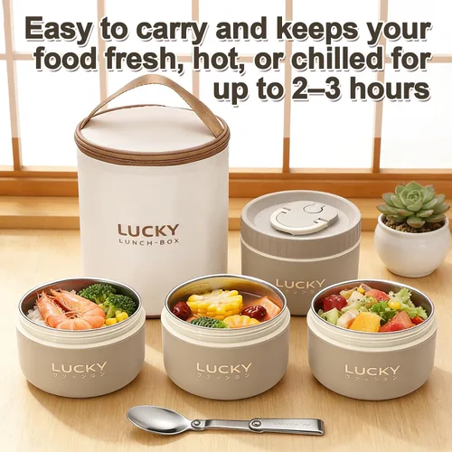 Vista 5 de Juego de contenedores de almuerzo portátiles aislados, caja Bento para adultos con bolsa de almuerzo aislada, 2 contenedores térmicos apilables