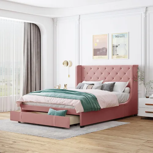 Vista 14 de VilroCaz Cama de plataforma suave de terciopelo de tamaño matrimonial de 52 pulgadas de alto y decoración de remaches, cama con plataforma
