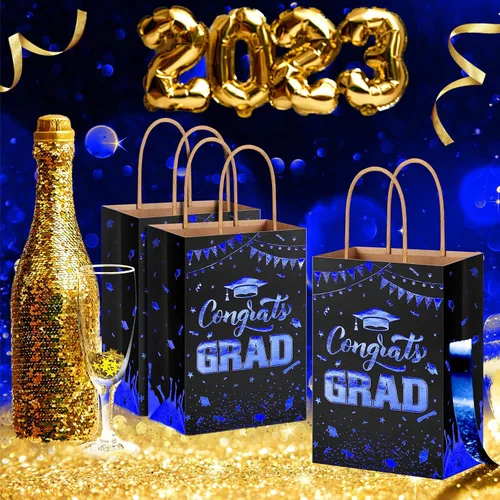Vista 6 de PerKoop 12 bolsas de regalo de graduación azules con asas para la clase de 2026, bolsas de papel de regalo de fiesta de felicitaciones, decoraciones