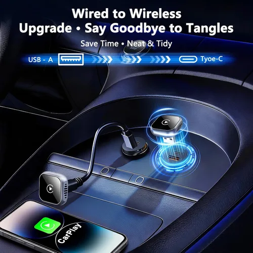 Vista 5 de Adaptador inalámbrico CarPlay actualizado 2025 para iPhone Ultra-Mini Metal, convertido con cable a inalámbrico, conexión estable rápida Bluetooth