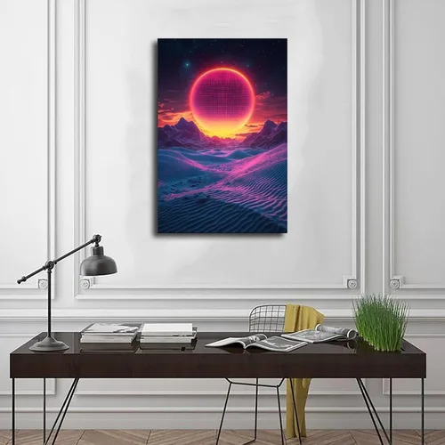 Vista 3 de Synthwave Wall Art Print – Neon Retro Sunset with Minimal Moon, Perfect for Office Or Studio Decor Poster Print Decorative Painting Canvas Wall Art