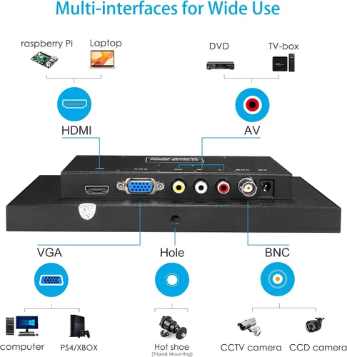 Vista 4 de Mini monitor de seguridad de 8 pulgadas, pantalla de metal portátil de 1280 x 720, entrada HDMI/VGA/AV/BNC, altavoces integrados y control remoto