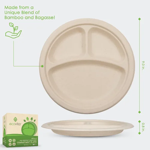 Vista 2 de Ecovita Platos de papel 100 % compostables [9 pulgadas] Compartimentos – 150 platos desechables ecológicos, resistentes, libres de árboles, líquidos