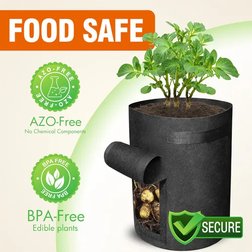 Vista 5 de Gardzen Paquete de 6 bolsas de cultivo de verduras sin BPA de 10 galones con solapa de acceso y asas, adecuadas para plantar papas, taro