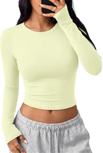 Vista 18 de Trendy Queen Camisetas cortas de manga larga para mujer, camisetas básicas Blanco