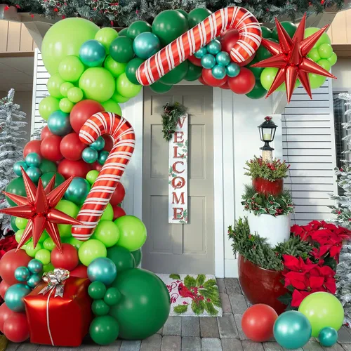 Vista 8 de Kit de arco de guirnalda de globos de Navidad de 183 piezas con globos rojos de Navidad, lima, verde oscuro, verde metálico, globos de papel