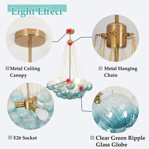 Vista 7 de Candelabro de cristal con forma de bola de burbujas, lámpara colgante moderna nórdica para comedor con pantalla de vidrio azul degradado, globos