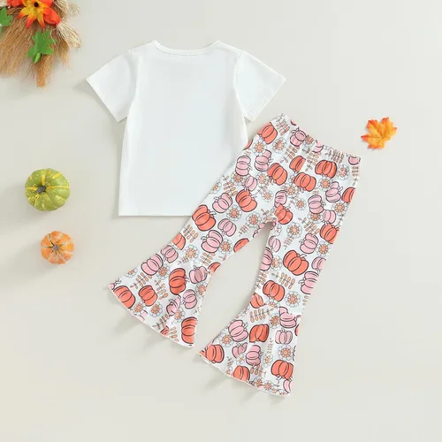Vista 7 de Conjunto de ropa bonita de Halloween para niñas pequeñas, camiseta con parche de calabaza y pantalones acampanados, para niñas pequeñas
