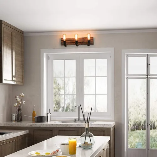 Vista 8 de LOG BARN Luces de tocador, accesorios de baño en madera rústica y acabado de metal aceitado, apliques de pared de granja con enchufes ajustables