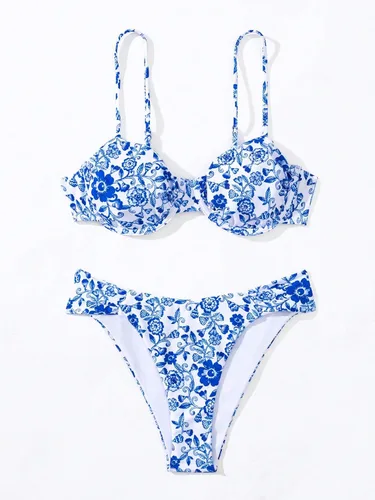 Vista 4 de WDIRARA Traje de baño de 2 piezas con estampado floral para mujer, sin mangas, brasier con aros y corte alto