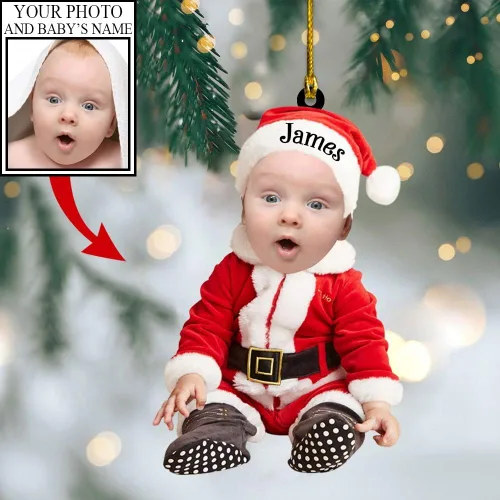 Vista 22 de Adorno personalizado de primera Navidad del bebé con carga de foto, decoración plana colgante de cara de recién nacido para árbol navideño, lindo