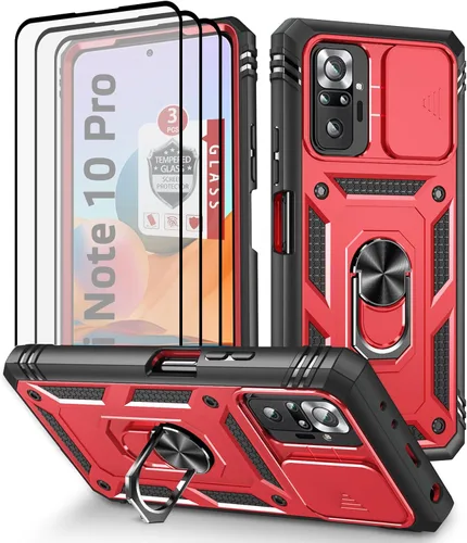 Vista 10 de Funda para Xiaomi Redmi Note 10 Pro, Redmi Note 10 Pro MAX con 3 protectores de pantalla de vidrio templado con soporte de anillo integrado + Negro