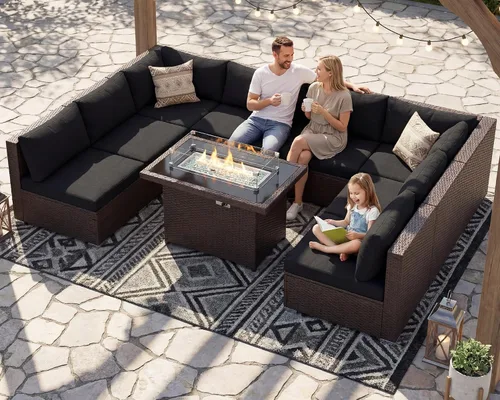 Vista 86 de NICESOUL Juego de muebles de patio de ratán extra grande con mesa para fogata de gas y propano, 29.3 pulgadas, respaldo alto, cómodos conversaciones