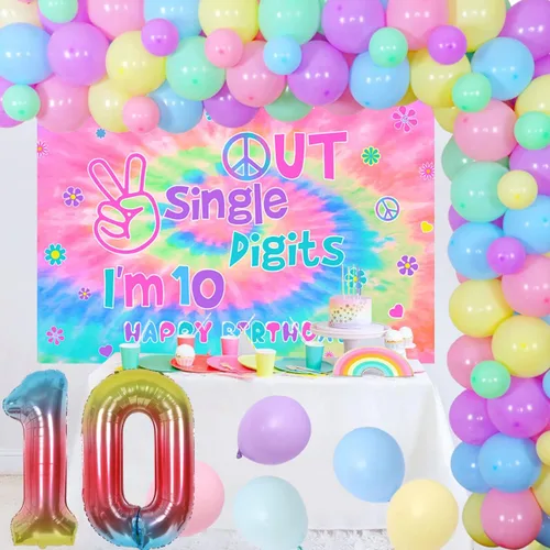 Vista 4 de Decoraciones de cumpleaños número 10 para niñas, juego de guirnalda de globos de macarrón con un solo dígito con texto en inglés "I'm 10" Backdrop