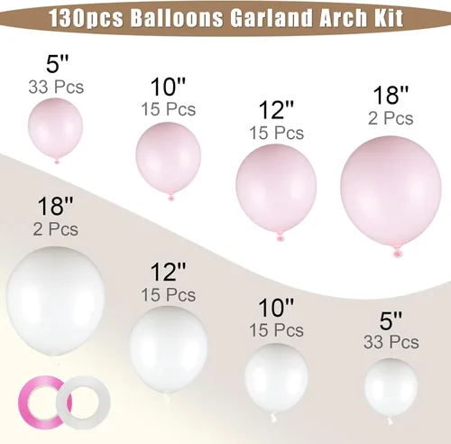 Vista 2 de Kit de guirnalda de globos de 130 piezas en rosa pastel y blanco - Globos de látex blancos y rosas de diferentes tamaños de 18/12/10/5 pulgadas