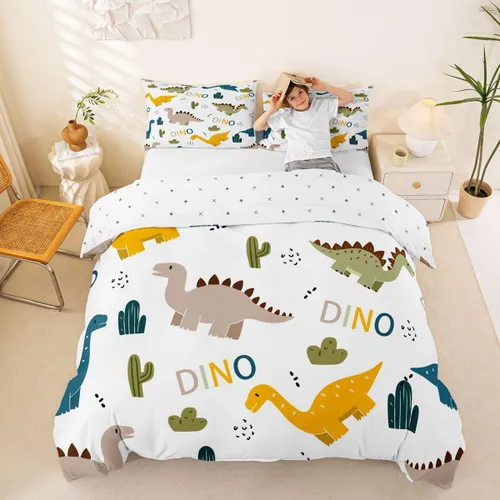 Vista 3 de Lindo juego de ropa de cama con dinosaurios, juego de funda de edredón con dibujos animados de cactus, funda de edredón decorativa, funda de edredón
