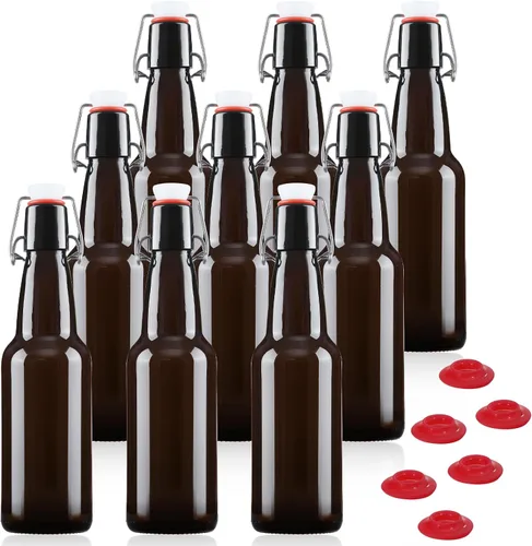 Vista 10 de YEBODA Botellas de vidrio con tapa oscilante ámbar de 16 onzas, tapas