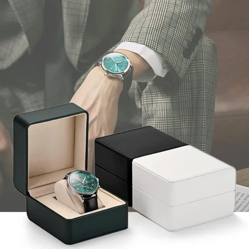Vista 2 de Caja de regalo de reloj de cuero PU negro Premium Caja de almacenamiento de reloj individual con caja de reloj de pulsera de almohada extraíble