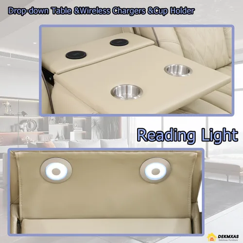Vista 5 de Juego de sofá reclinable eléctrico, seccional de cuero transpirable beige, juego de muebles de sala de estar, 2 piezas, sofá reclinable eléctrico