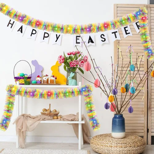 Vista 5 de Chuangdi Guirnalda de oropel de Pascua de 16.4 pies con tira de luces LED, guirnalda de alambre metálico con alambre metálico, decoración
