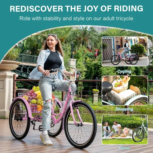 Vista 5 de MOPHOTO Triciclos para adultos, bicicleta de crucero de tres ruedas, 7 velocidades, triciclos para adultos con ruedas de 20/24/26 pulgadas