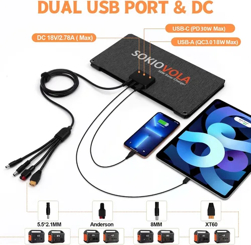 Vista 2 de SOKIOVOLA [Actualizado] Paneles solares plegables 50W Cargador de panel solar portátil 3 puertos de salida (USB-A USB-C DC) Panel solar plegable