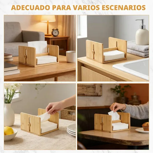 Vista 6 de Servilletero de bambú para mesa, servilletero cuadrado con brazo pesado, soporte de papel de cóctel de madera para cocina, comedor y fiesta