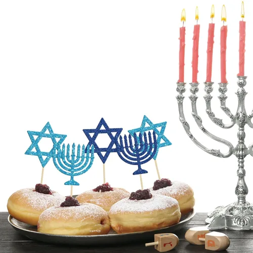 Vista 4 de Gyufise 24 decoraciones para cupcakes de Feliz Hanukkah Star of David, decoraciones para fiestas de Hanukkah, suministros de fiesta temática