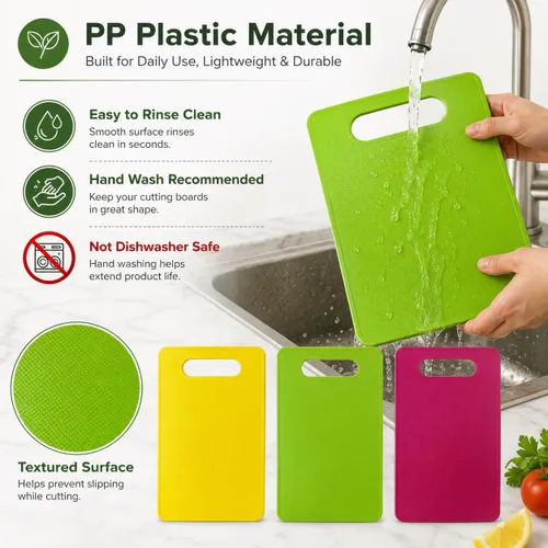 Vista 4 de Juego de 3 tablas de cortar de plástico pequeñas, tablas de cortar frutas compactas con mango de fácil agarre, tablas de cortar flexibles de 3P