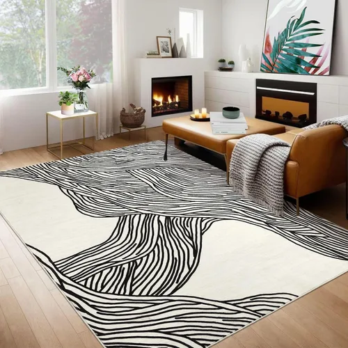 Vista 10 de Zacoo Alfombras de área lavables de 8 x 10 pies, alfombra de área moderna para dormitorio, sala de estar, alfombra de línea abstracta Beige