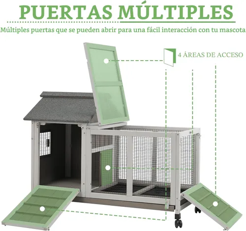 Vista 3 de Gowoodhut Conejera de 38.19 pulgadas de largo para interiores y exteriores con 4 ruedas, jaula de madera para conejo con bandeja extraíble a prueba
