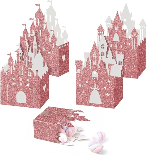 Vista 8 de Chrisfall - 24 cajas doradas de castillo de princesa con purpurina Birthday Party Supplies, Princess Theme Favors, Wedding Celebration, Candy
