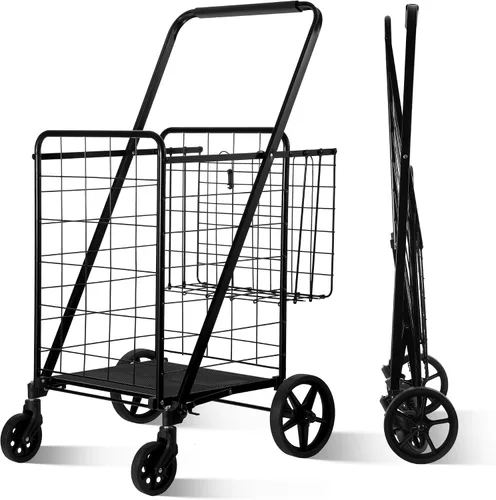 Vista 13 de BIEAMA Carrito de compras plegable, carrito de comestibles de capacidad de Carrito + Cesta