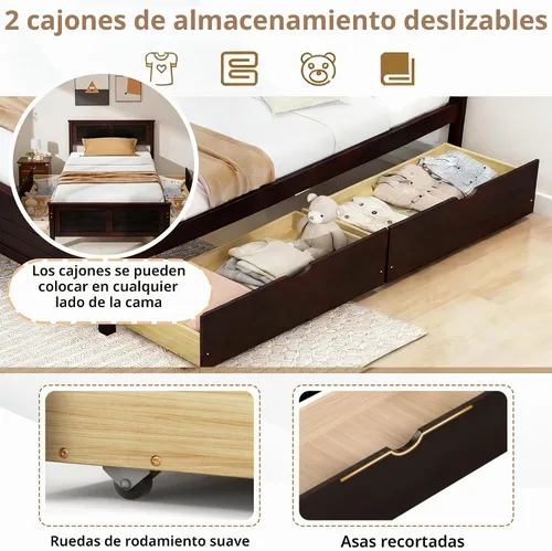 Vista 6 de KOMFOTT Marco de Cama de Madera Tamaño Twin con 2 Cajones de Almacenamiento, Marco de Cama de Plataforma de Mediados de Siglo con Cabecero, Soporte