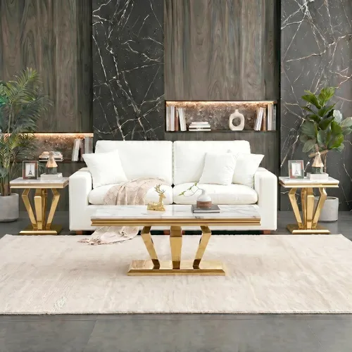 Vista 5 de Mesa auxiliar de mármol de 47 pulgadas, moderna mesa central de mármol sintético blanco con base de espejo dorado en forma de diamante, mesa Blanco