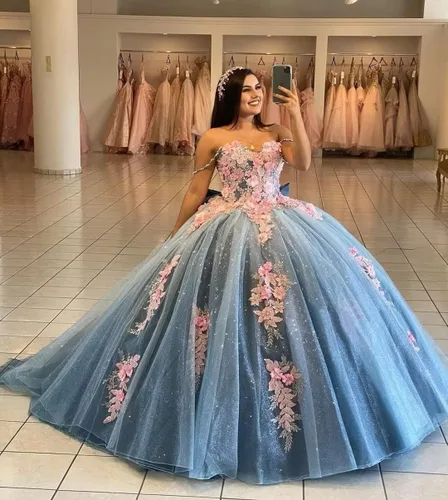 Vista 4 de Mauuwy Vestidos de quinceañera con hombros descubiertos, vestido de baile de tul hinchado, dulce 16, vestidos largos de encaje brillante Y89