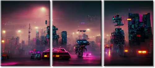 Vista 24 de Arte de pared de 3 piezas de escena de ciencia ficción de la calle comercial futurista paisaje urbano, decoración de pared para dormitorio