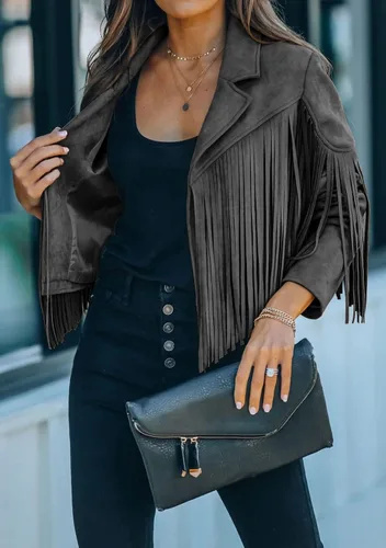 Vista 3 de Chartou - Chaqueta de moto de gamuza sintética con flecos de borla cortados y elegantes para mujer