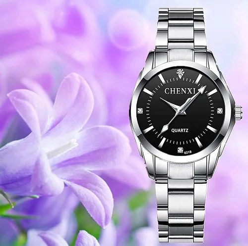 Vista 4 de Relojes para mujeres, cuarzo analógico, plateados, de acero inoxidable, luminosos, impermeables, reloj de vestir para damas negro (021 Black)