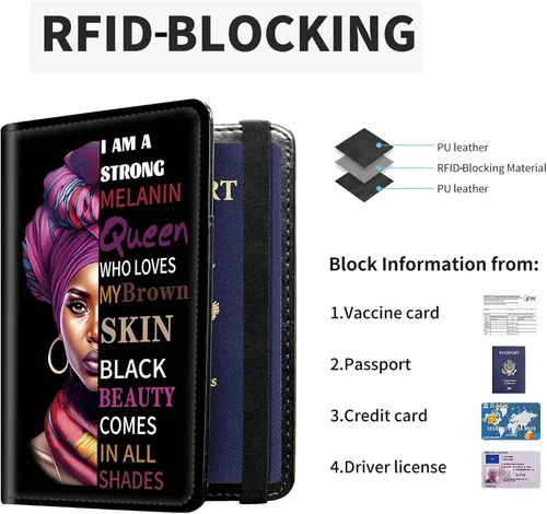Vista 3 de RYUITHDJP Combo de portatarjetas de pasaporte y vacunación con bloque de señal RFID, diseño de belleza de niña negra, funda de cuero para tarjeta