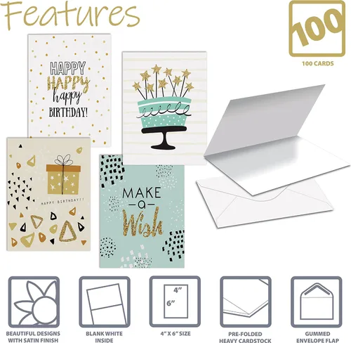 Vista 3 de Better Office Products Tarjetas de feliz cumpleaños, paquete de 100, 4 x 6 pulgadas, 4 diseños de cubierta, interior en blanco, con sobres, elegante