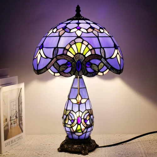 Vista 6 de Lámpara de Estilo Tiffany de Vidrio Manchado Azul Barroco de Mesa de 12X19 Pulgadas, Vaso Madre-Hija, Luz de Lectura para Escritorio, Decoración