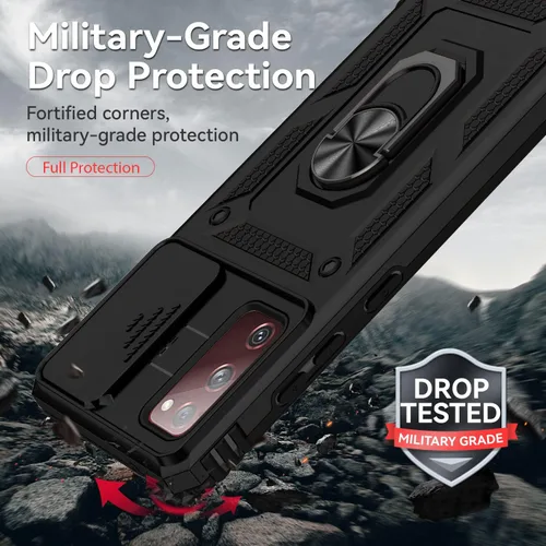 Vista 5 de Funda para Samsung Galaxy S20 FE 5G con cubierta para lente de cámara, protector de pantalla HD, soporte de anillo magnético probado contra caídas