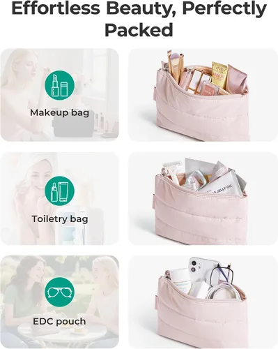 Vista 5 de BAGSMART Pequeña bolsa de maquillaje, neceser portátil esponjoso con cierre de cremallera con encanto, organizador de viaje resistente al agua