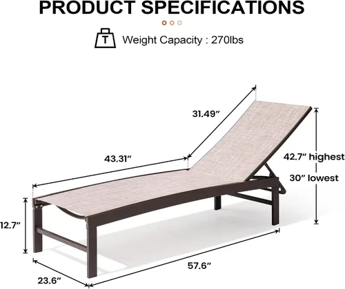 Vista 2 de Crestlive Products Sillas de salón exteriores, Sillas de aluminio para piscina, Tumbona reclinable ajustable de cinco posiciones para bronceado Beige