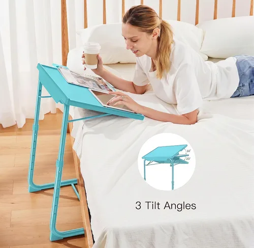 Vista 5 de HUANUO Mesa ajustable para TV – Bandeja de cena de TV con portavasos en la cama y el sofá, cómoda mesa plegable con 6 ajustes de altura y 3 ángulos